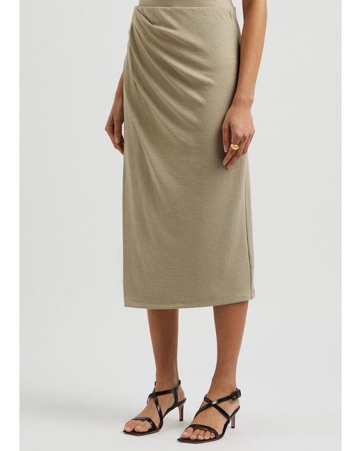 Vince Natural Gathered Wrap-Effect Knitted Midi Skirt