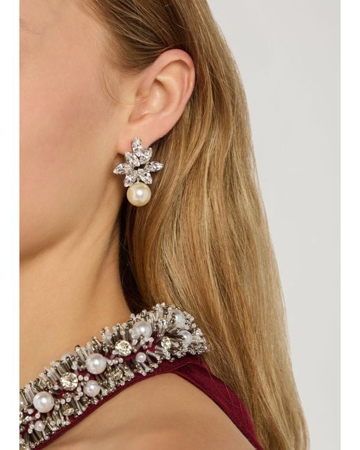 Jennifer Behr White Liza-Embellished Rhodium-Plated Drop Earrings