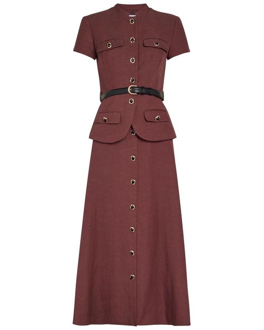Self-Portrait Purple Peplum Belted Woven Midi Dress
