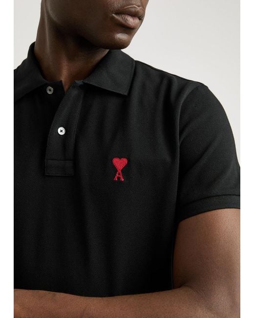 AMI Black Logo-Embroidered Piqué Cotton Polo Shirt for men