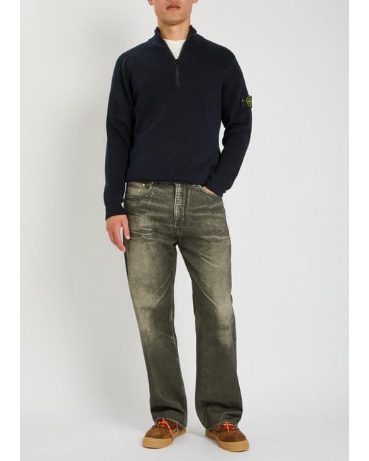 Stone Island Blue Logo-Appliquéd Half-Zip Ribbed Cotton-Knit Jumper for men