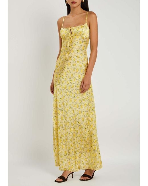Leslie Amon Yellow Printed Satin Maxi Slip Dress