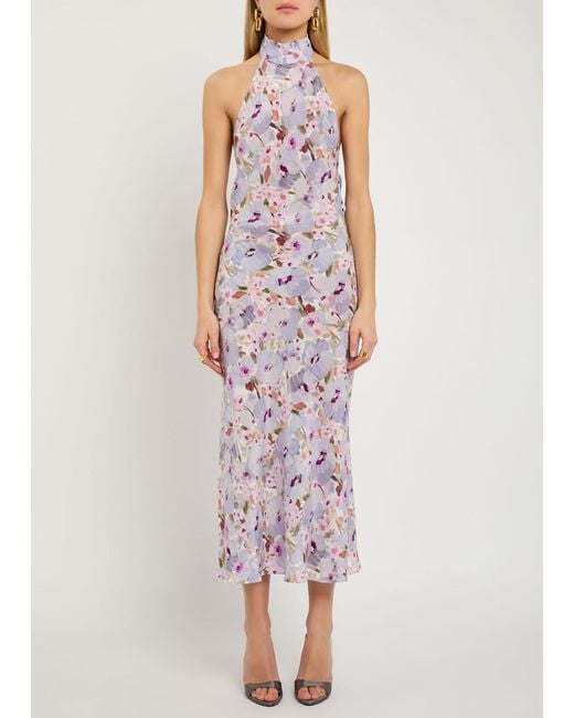 Balmain Purple Poppy Floral-Print Silk Midi Dress