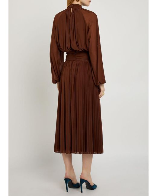 Ronny Kobo Brown Blythe Gathered Stretch-Mesh Midi Dress