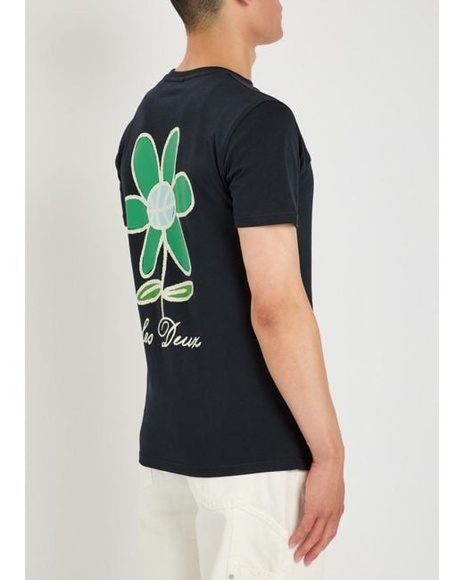Les Deux Black Flower Printed Cotton T-Shirt for men
