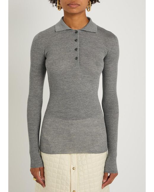 Moncler Gray Ribbed Wool Polo Top