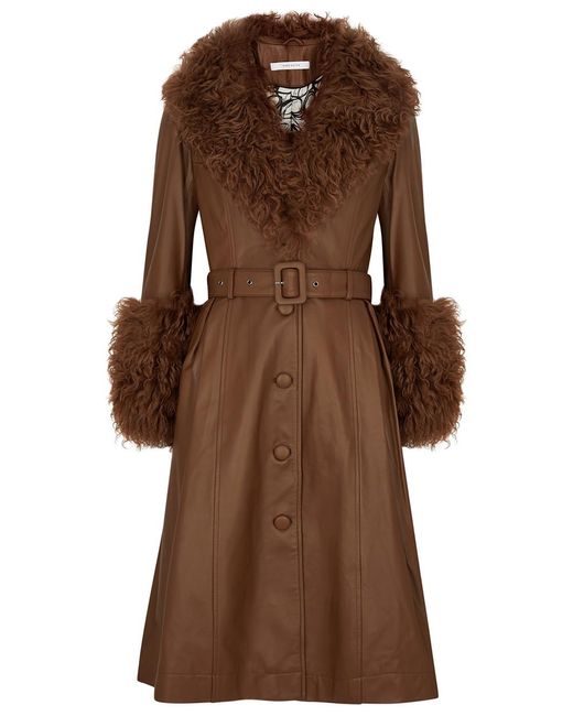 Saks Potts Brown Foxy Shearling-Trimmed Leather Coat