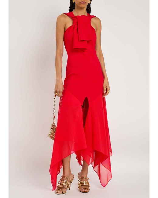 A.W.A.K.E. MODE Red Chiffon And Knit Knotted-Neckline Midi Dress