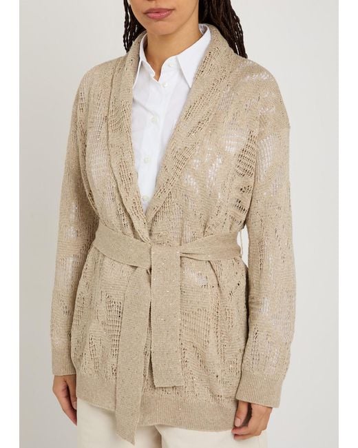 Brunello Cucinelli Natural Embellished Linen-Blend Cardigan