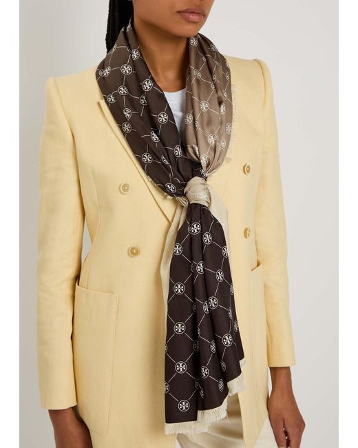 Tory Burch Brown Monogram-Print Silk Scarf