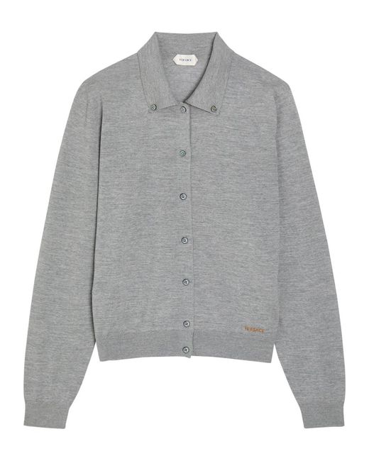Versace Gray Logo-Embroidered Wool Cardigan