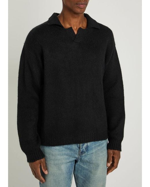 CHERRY LA Black Logo Knitted Alpaca-Blend Henley Jumper for men