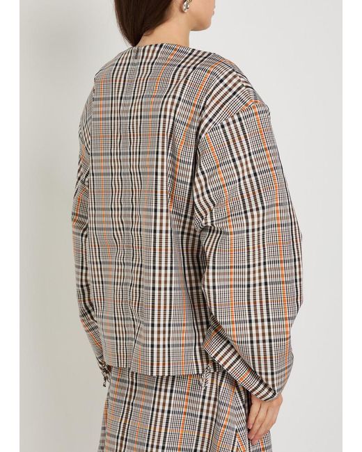 A.W.A.K.E. MODE Gray Checked Drawstring Cotton-Blend Top
