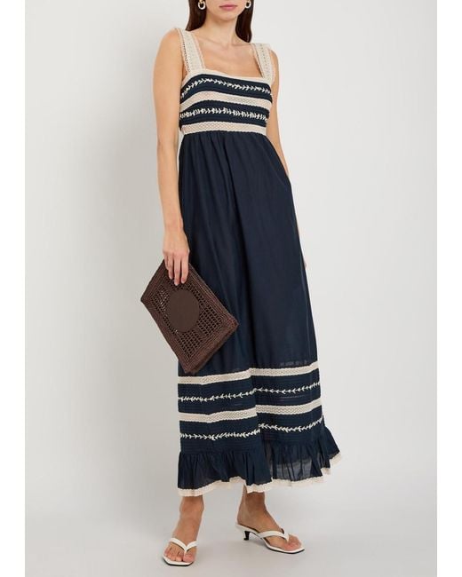 Rixo Blue Malie Lace-Trim Cotton-Blend Midi Dress
