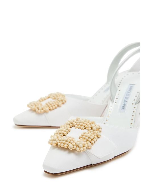 Manolo Blahnik White Gibsli 70 Embellished Crepe Slingback Pumps