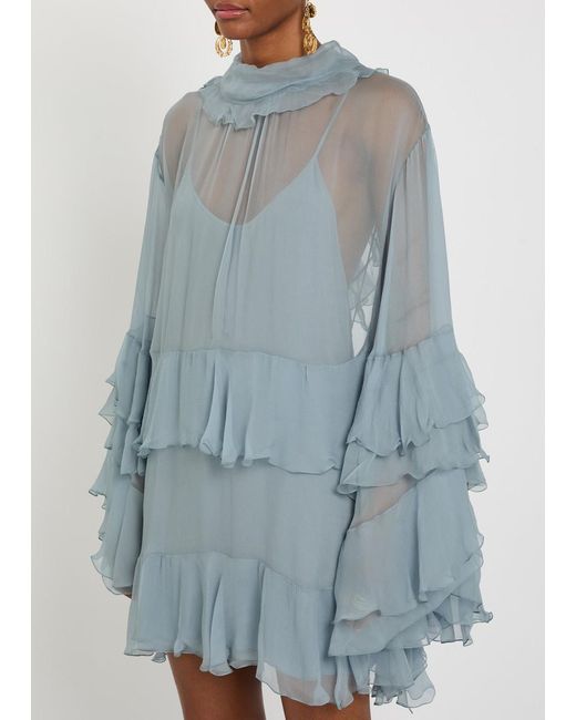 Chloé Blue Ruffled Tiered Silk-Chiffon Mini Dress