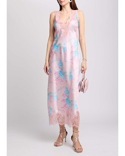 LoveShackFancy White Floral Printed Satin Maxi Dress