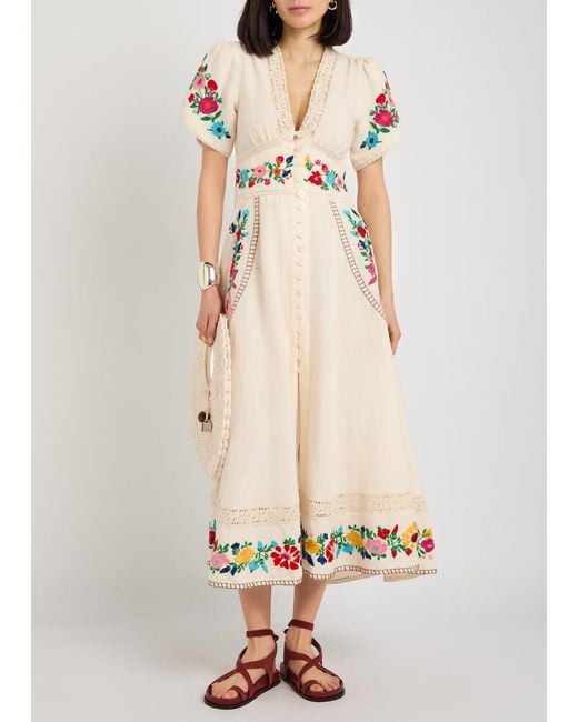 Rixo Natural Novara Floral-Embroidered Linen-Blend Midi Dress