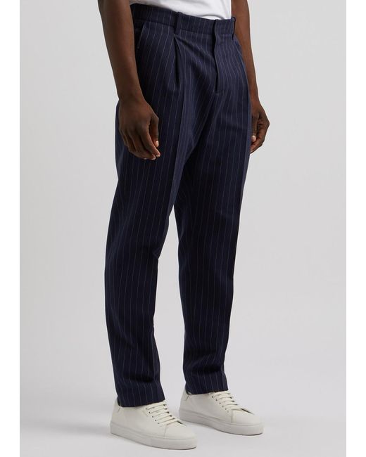 Maison Kitsuné Blue Pinstriped Cotton-Blend Trousers for men