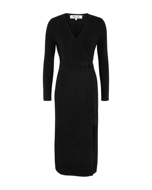 Diane von Furstenberg Black Astrid Wool-Blend Midi Wrap Dress