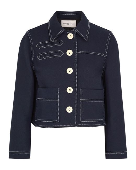 Tory Burch Blue Cropped Cotton-Blend Twill Jacket