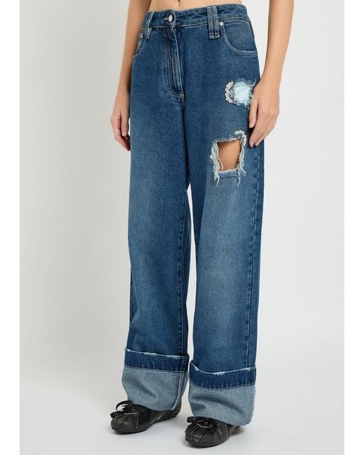 Simone Rocha Blue Distressed Embellished Straight-Leg Jeans