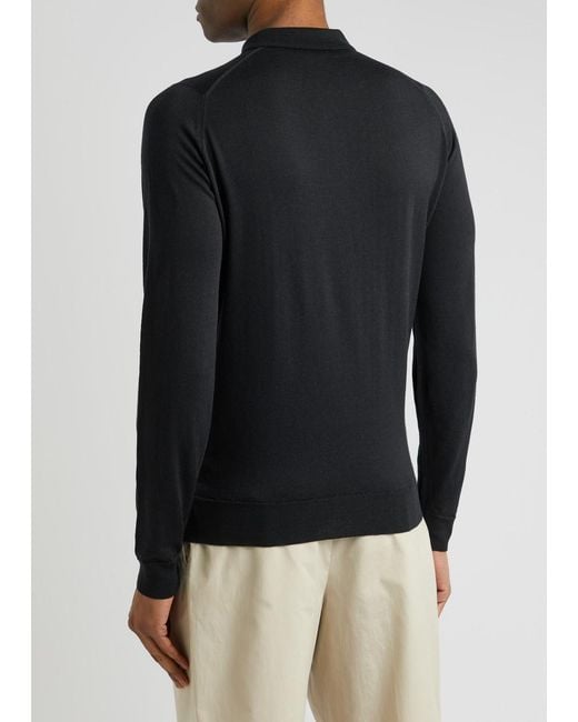 John Smedley Black Belper Merino Wool Polo Shirt for men