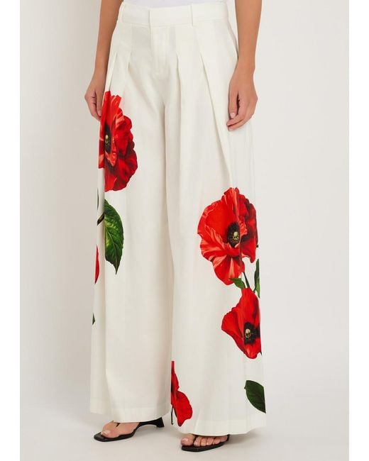Alice + Olivia White Blaire Floral-Print Pleated Wide-Leg Trousers