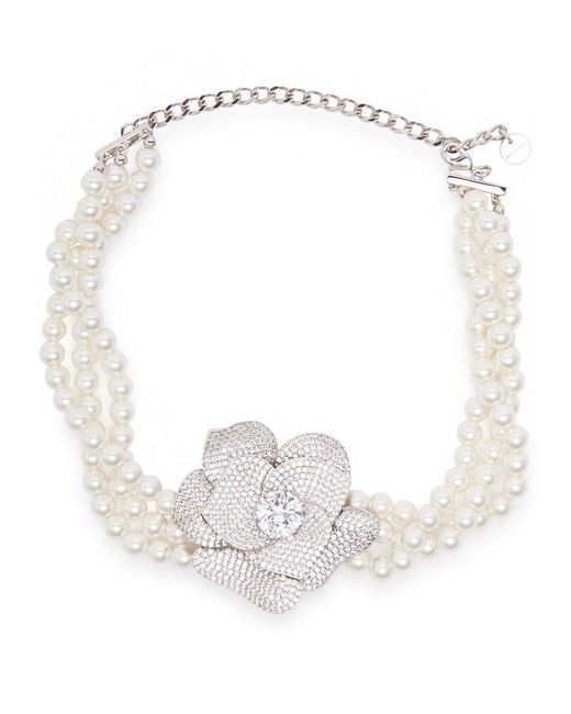 Self-Portrait White Crystal-Embellished Faux Pearl Choker