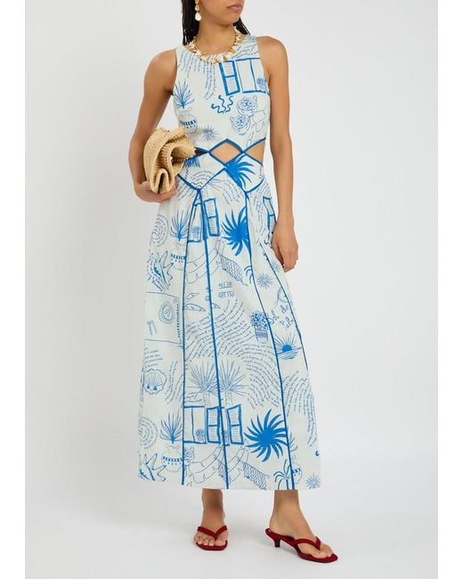 Never Fully Dressed Blue Palma Elma Cotton-Blend Midi Dress
