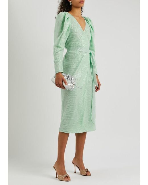 ROTATE BIRGER CHRISTENSEN Green Sequin-embellished Lace Midi Wrap Dress