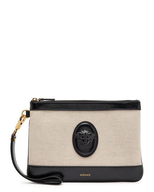 Versace Black Logo-Appliquéd Leather And Canvas Pouch