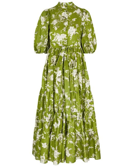 Erdem Green Dalia Floral-Print Cotton Midi Dress