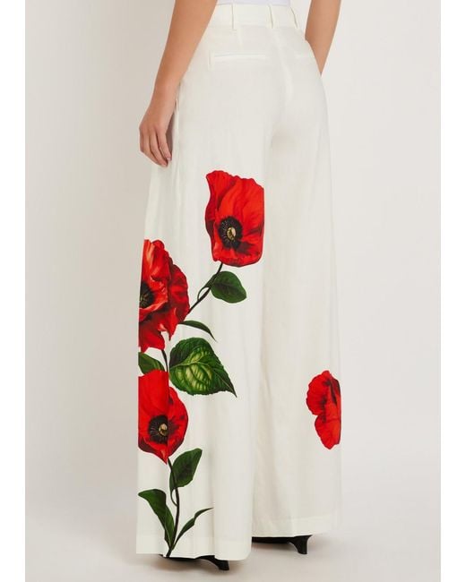 Alice + Olivia White Blaire Floral-Print Pleated Wide-Leg Trousers