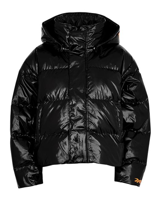 Reebok X Victoria Beckham Black Logo Hooded Quilted Shell Coat