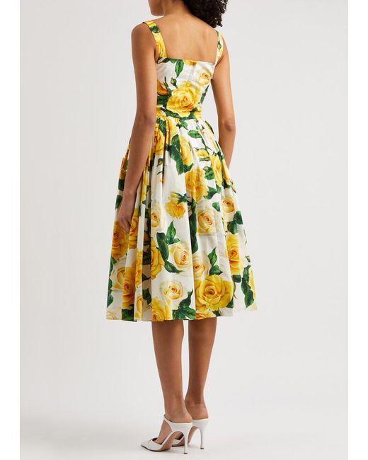 Dolce & Gabbana Yellow Floral-Print Cotton Midi Dress