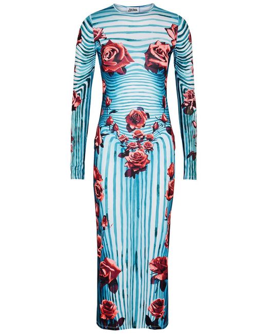 Jean Paul Gaultier Blue Flower Body Morphing Stretch-Jersey Midi Dress