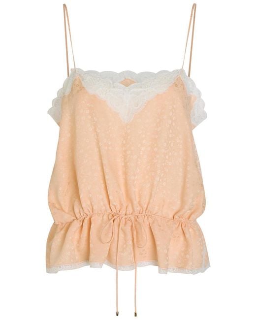 Chloé Natural Floral-Jacquard Lace-Trim Silk Top