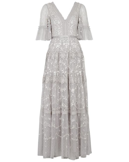 Needle & Thread Gray Araminta Floral-embroidered Tulle Gown