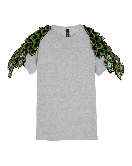 RAGYARD Gray Peacock Feather-appliquéd Cotton T-shirt
