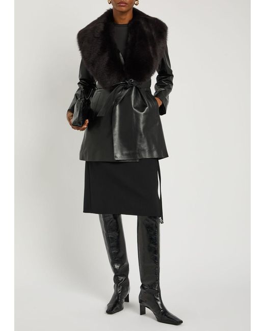Nour Hammour Black Kelsey Fur-Trimmed Belted Leather Jacket