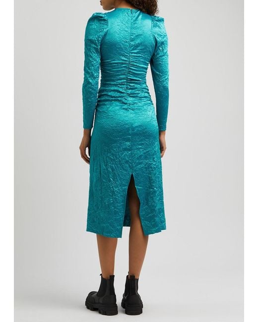 Ganni Blue Crinkled Ruched Satin Midi Dress