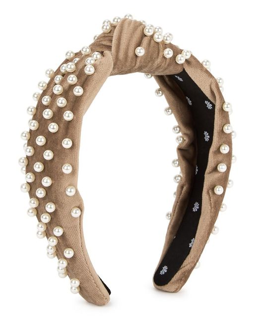 Lele Sadoughi Natural Taupe Faux Pearl-Embellished Velvet Headband