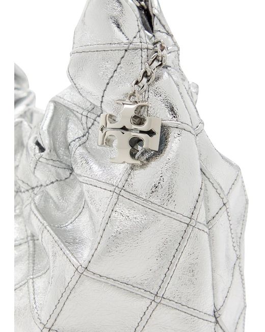 Tory Burch Gray Fleming Mini Metallic Leather Hobo Bag