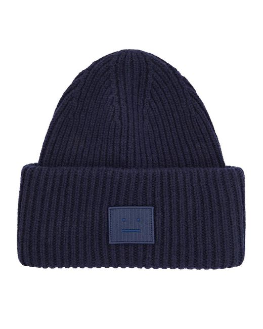 Acne Blue Pansy Logo Ribbed Wool Beanie