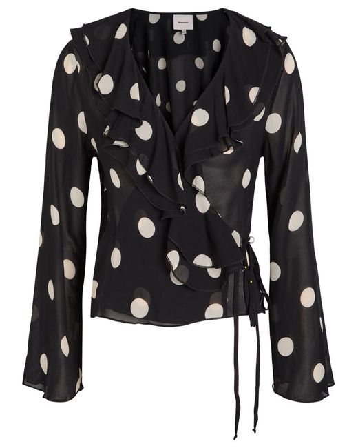 Reformation Black Kilah Polka Dot Silk-Georgette Wrap Blouse