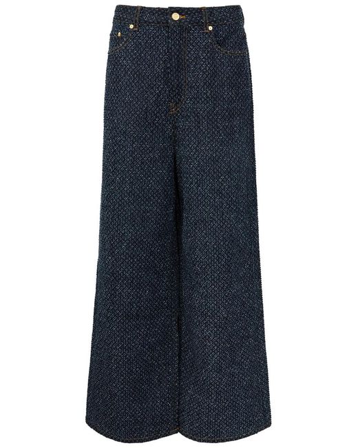 Ganni Blue Textured Tweed Wide-Leg Jeans