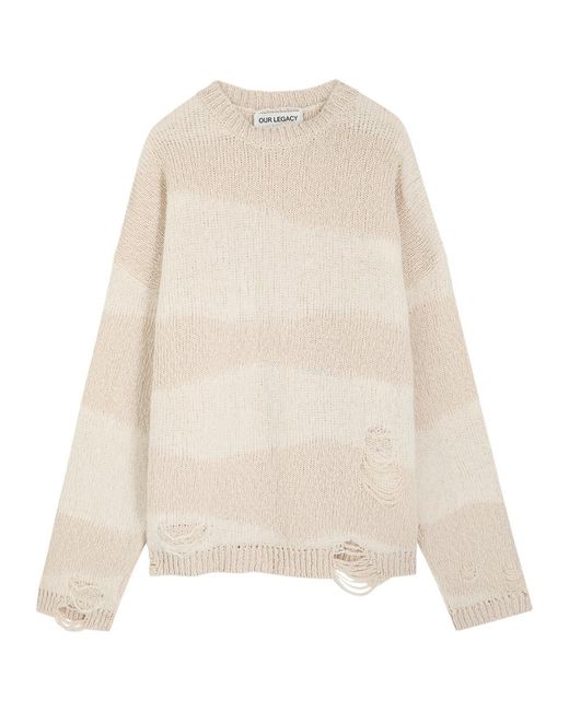 Our Legacy Natural Popover Roundneck Striped Distressed Cotton-Blend Jumper for men