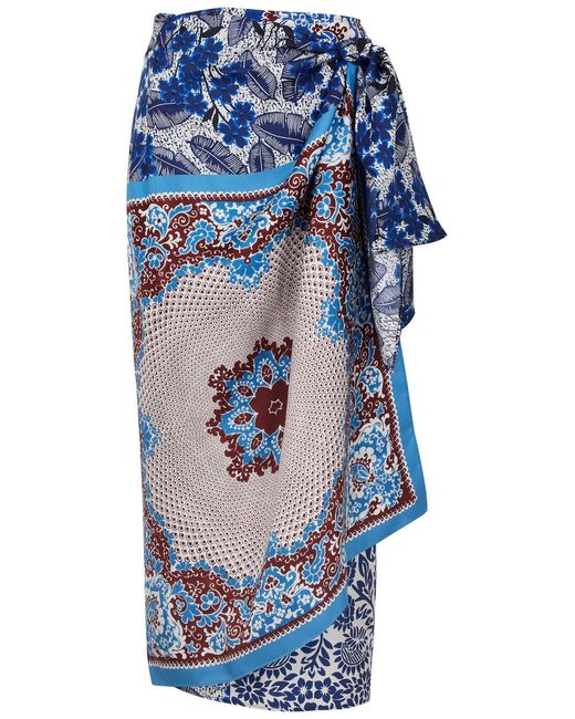 Weekend by Maxmara Blue Nuevo Printed Silk-satin Wrap Skirt