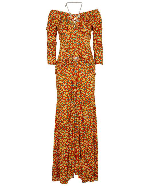 Rabanne Orange Halterneck Printed Stretch-Jersey Maxi Dress